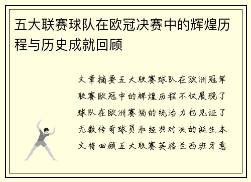 五大联赛球队在欧冠决赛中的辉煌历程与历史成就回顾